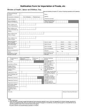 Notification Form for Importation of Foods