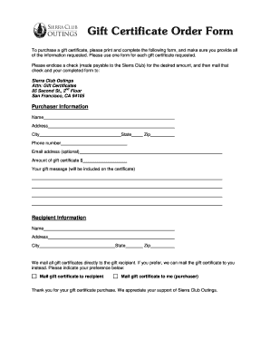 Sierra Club Gift Certificate Purchase Form