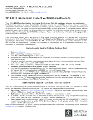 2014-2015 Independent Student Verification Worksheet