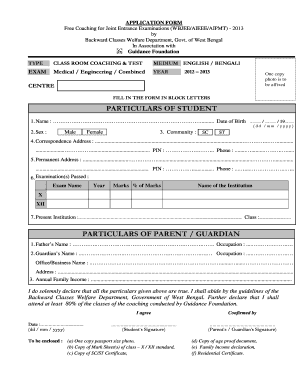 Joint Entrance Examinations Coaching Application Form