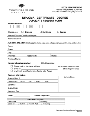 Diploma - certificate - degree duplicate request form - viu