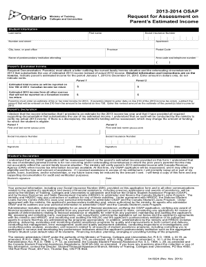 2013-2014 OSAP Request for Assessment on Parent’s Estimated Income