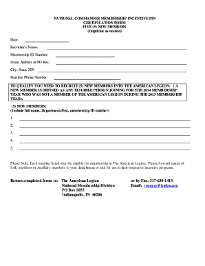 American Legion Membership Incentive Pin Certification Form