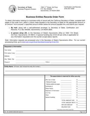California Business Entities Records Order Form