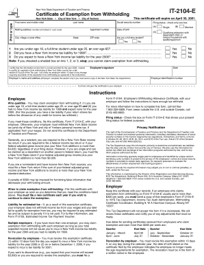 New York State Certificate of Exemption from Withholding IT-2104-E