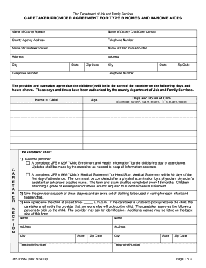 Ohio Caretaker/Provider Agreement for Type B Homes