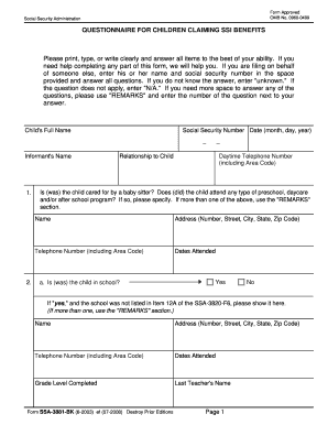 questionnaire for children trying to get ssi form