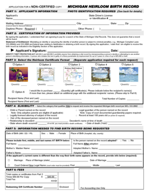 Michigan Heirloom Birth Record Application