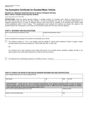 Michigan Tax Exemption Certificate for Donated Motor Vehicle