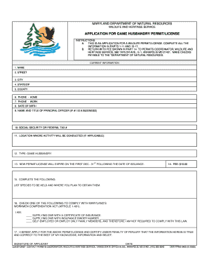 Maryland Game Husbandry Permit Application