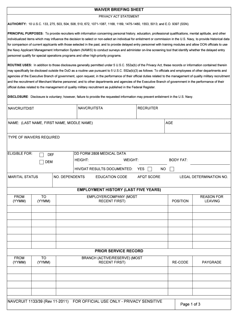 US Navy Waiver Briefing Sheet - Blank Fillable Template | Fill Out ...