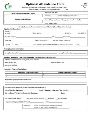 Form 545B: Optional Attendance Application, Secondary - TDSB
