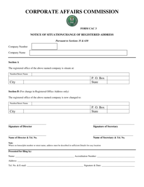 CAC 3 Notice of Situation/Change of Registered Address