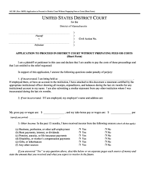 US Federal District Court Fee Waiver Application