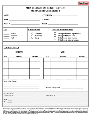 McMaster University MBA Change of Registration Form
