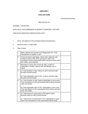 Indian Textile Excise Challan Form