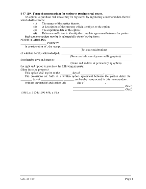 North Carolina Real Estate Option Memorandum