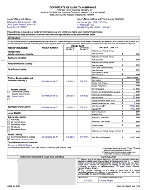 Certificate of Liability Insurance