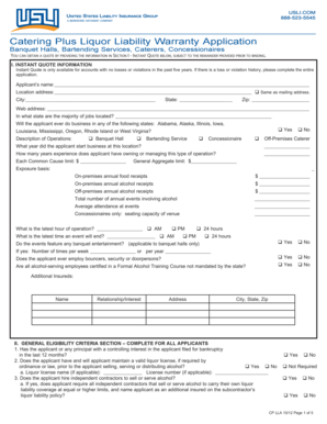 Catering Plus Liquor Liability Warranty Application