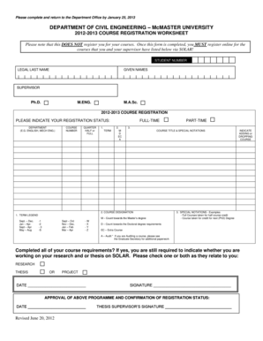 McMaster University Course Registration Worksheet
