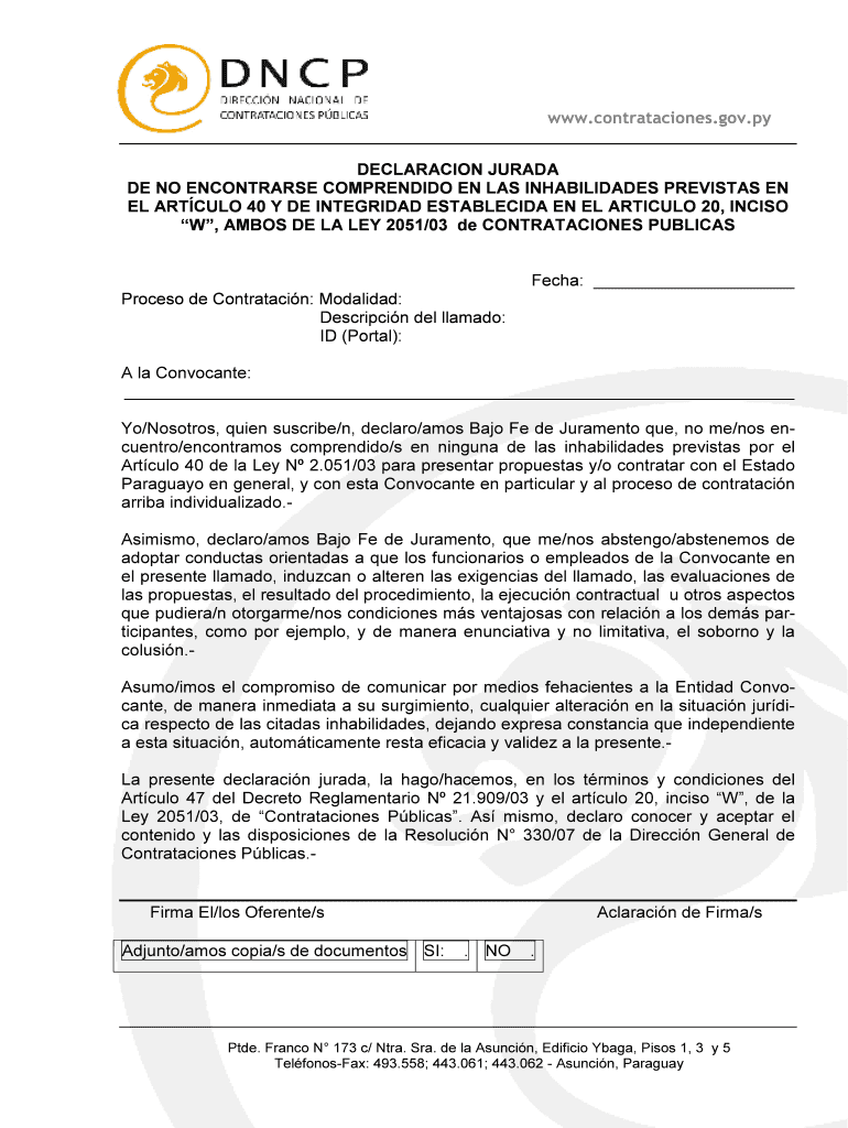 Wwwcontratacionesgovpy DECLARACION JURADA DE NO bb Vista previa en la página 1