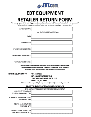 EBT Equipment Retailer Return Form