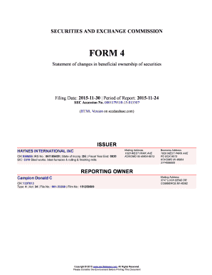 HAYNES INTERNATIONAL INC bFormb 4 Filed 2015-b11b-30