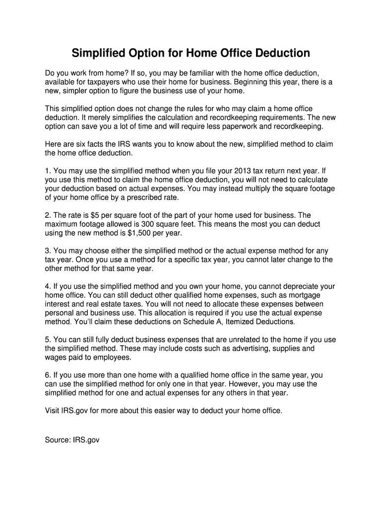 Fillable Online Simplified Option for Home Office Deduction Fax Email Print pdfFiller