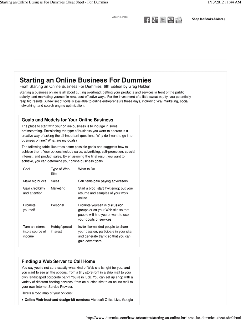 Fillable Online Starting an Online Business For Dummies Cheat Sheet Fax Email Print pdfFiller