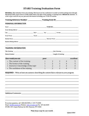 Post training evaluation sample - STARS Training Evaluation Form - bwyostarsbborgb