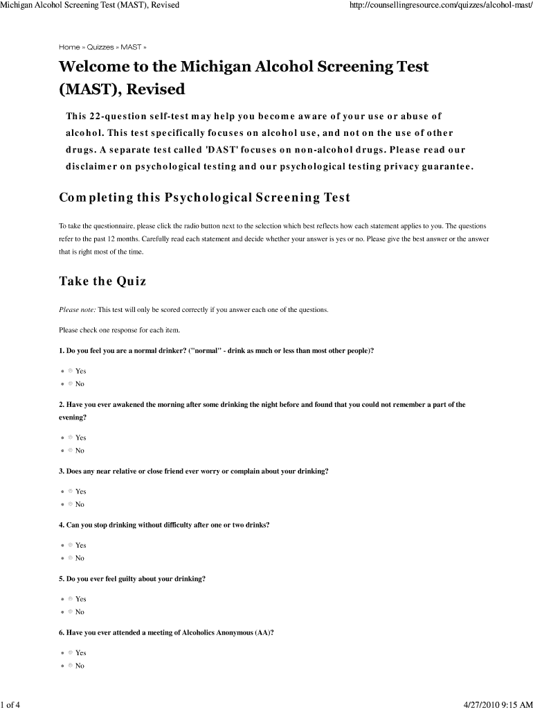 Fillable Online Michigan Alcohol Screening Test (MAST), Revised Fax