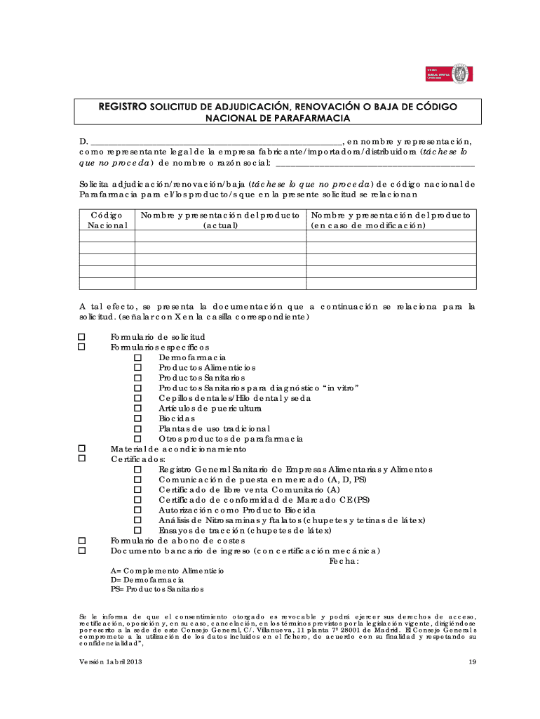 REGISTRO SOLICITUD DE ADJUDICACIN, RENOVACIN O BAJA DE CDIGO Vista previa en la página 1