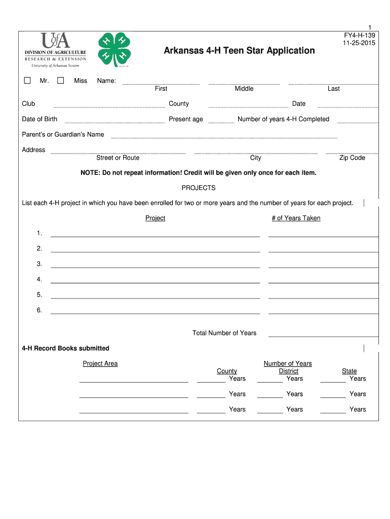 Arkansas 4-H Teen bStar Applicationb - University of Arkansas bb - uaex Preview on Page 1.