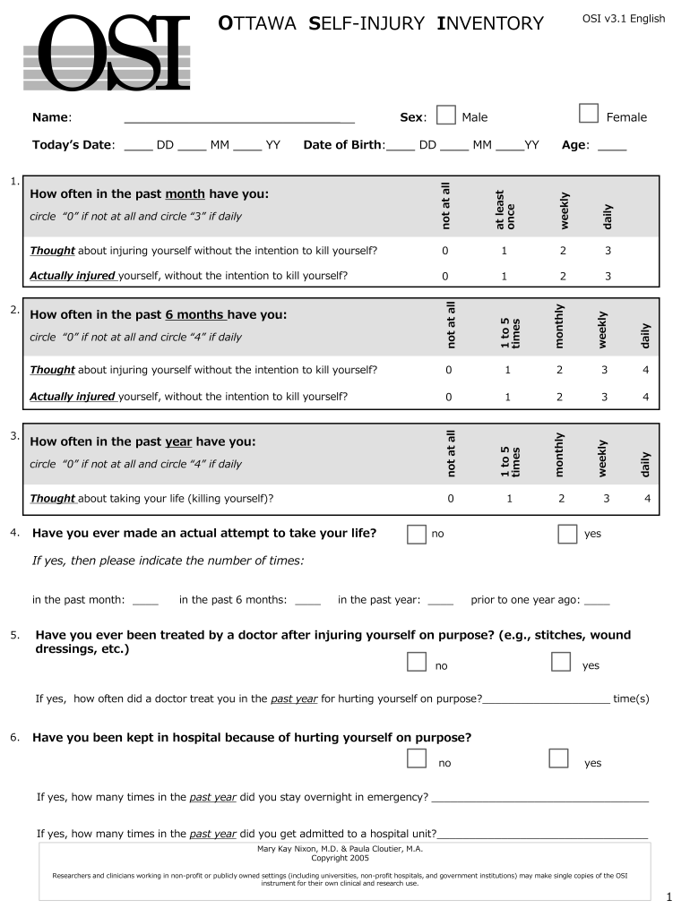ottawa self injury inventory Preview on Page 1