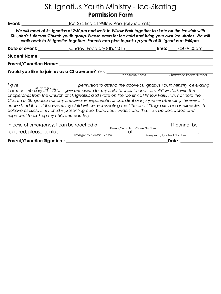 Fillable Online St. Ignatius Youth Ministry IceSkating St ignatius