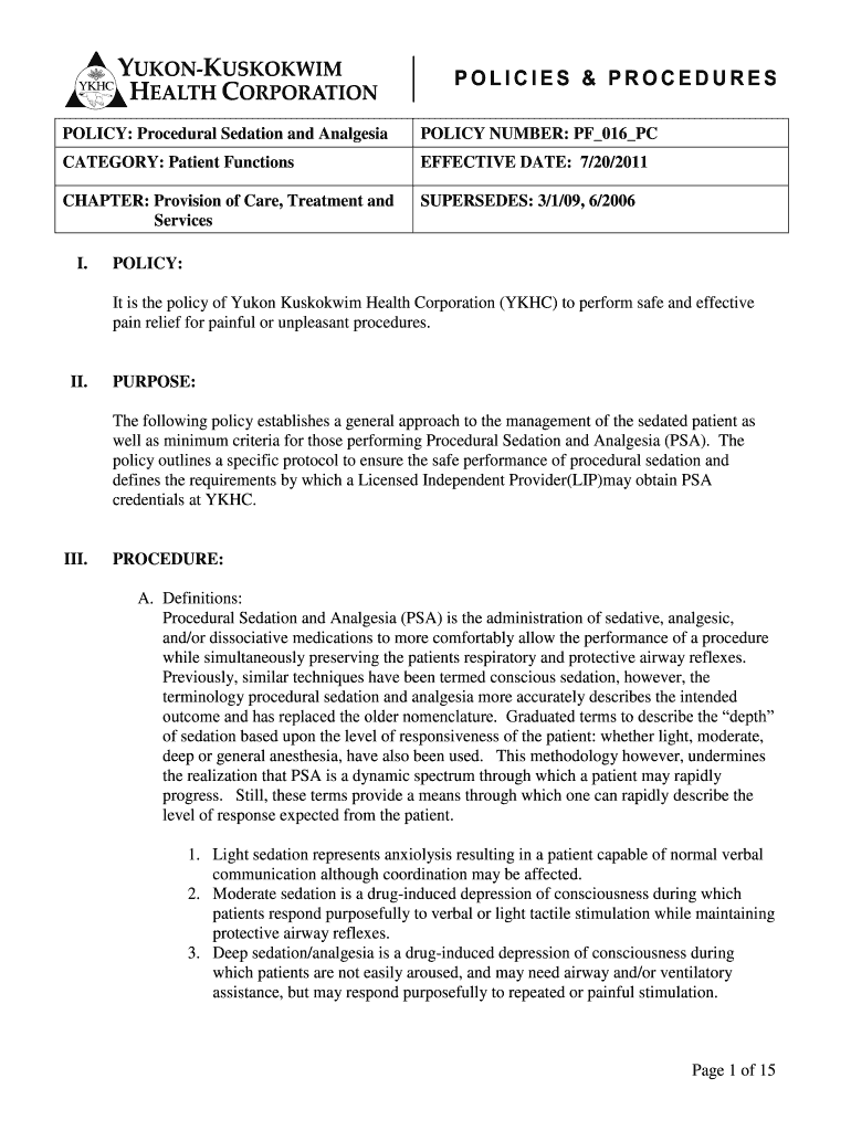 Fillable Online ykhealth Procedural Sedation and Analgesia Guide to