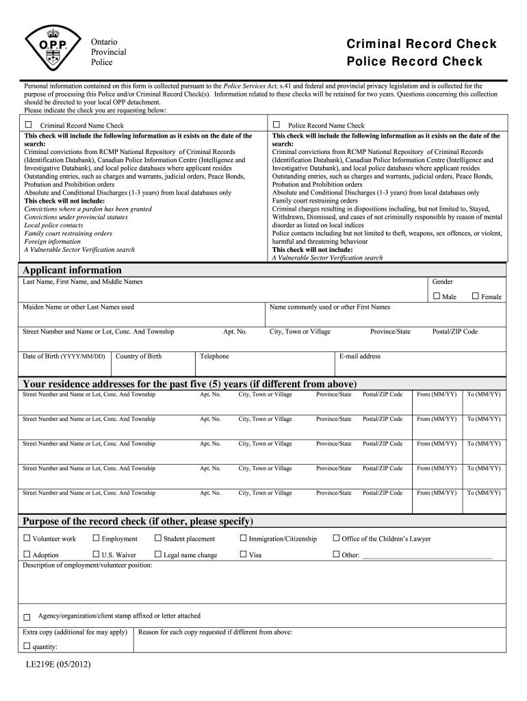 Ontario Provincial Police Criminal Record Check Application Form DocHub