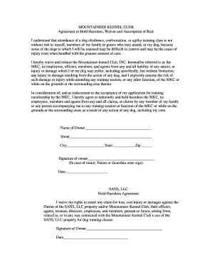 Hold harmless agreement california template - mountaineer kennel club