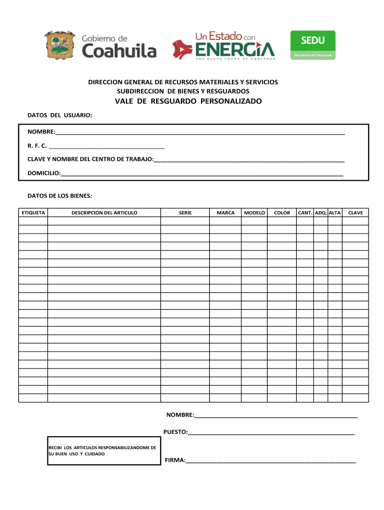 DIRECCION GENERAL DE RECURSOS MATERIALES Y SERVICIOS SUBDIRECCION DE BIENES Y RESGUARDOS VALE DE RES Vista previa en la página 1