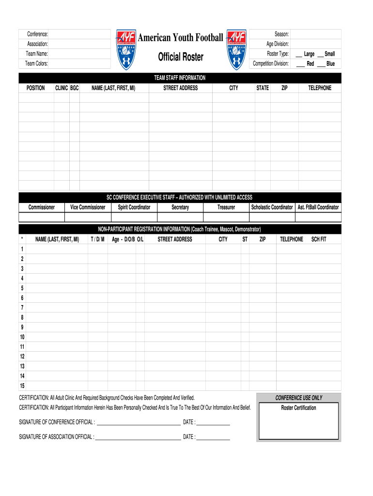 Roster Ayf - Fill Online, Printable, Fillable, Blank  pdfFiller With Blank Football Depth Chart Template