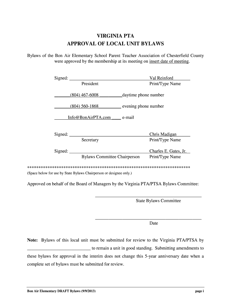 Fillable Online Bylaws of the Bon Air Elementary School Parent Teacher Association of