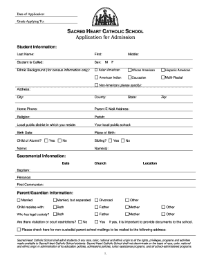 SACRED HEART CATHOLIC SCHOOL Application for Admission - shcs