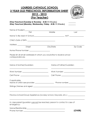 LOURDES CATHOLIC SCHOOL 3 YEAR OLD PRESCHOOL INFORMATION