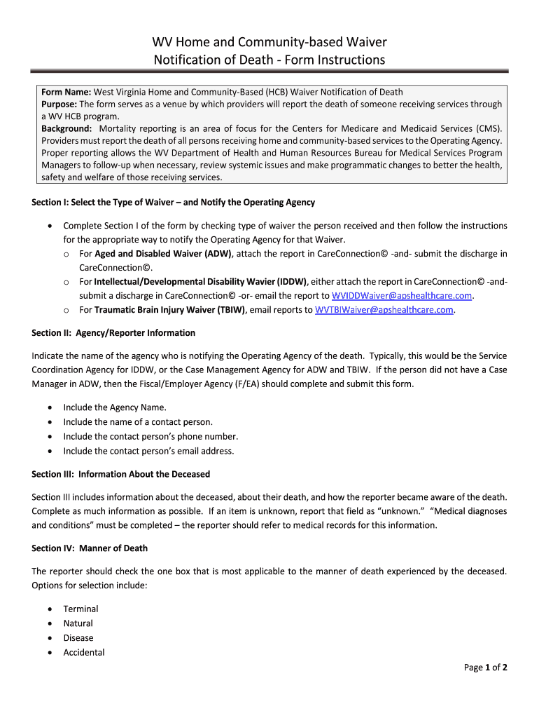 Fillable Online dhhr wv WV Home and Communitybased Waiver Notification