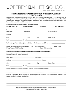 SUMMER 2015 ARTS ADMINISTRATION INTERN EMPLOYMENT APPLICATION Please be sure to read the description of duties prior to completing this application