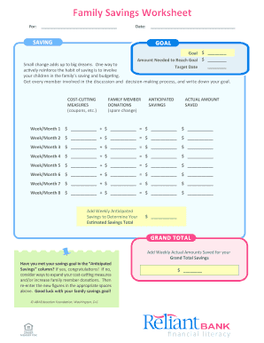 Catering worksheet - Family Savings Worksheet - Reliant Bank