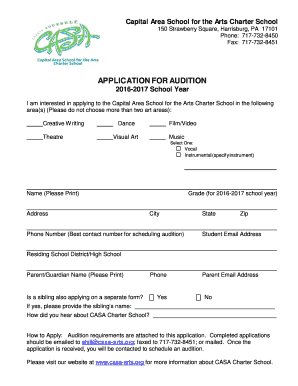 Capital Area School for the Arts Charter School 150 Strawberry Square, Harrisburg, PA 17101 Phone: 7177328450 Fax: 7177328451 APPLICATION FOR AUDITION 20162017 School Year I am interested in applying to the Capital Area School for the Arts