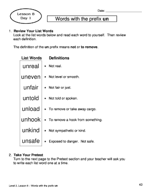 Lesson 8 Day 1 Date: Words with the prefix un 1