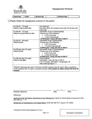Fillable Online Hypoglycemic Protocol PATIENT STICKER Please initiate ...