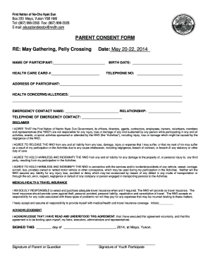 PARENT CONSENT FORM RE May Gathering Pelly Crossing Date